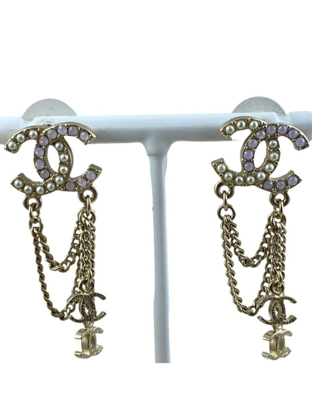Chanel Chain Earrings CC Logo Rhinestone Pearl Gold